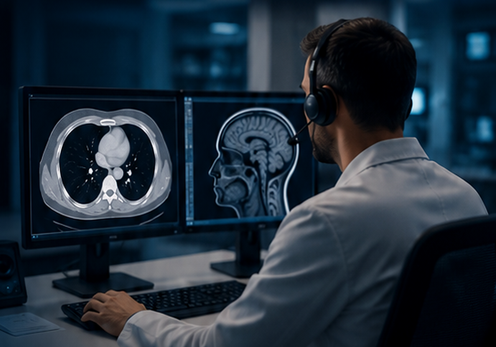 Medic care dictează un raport medical în timpul examinării