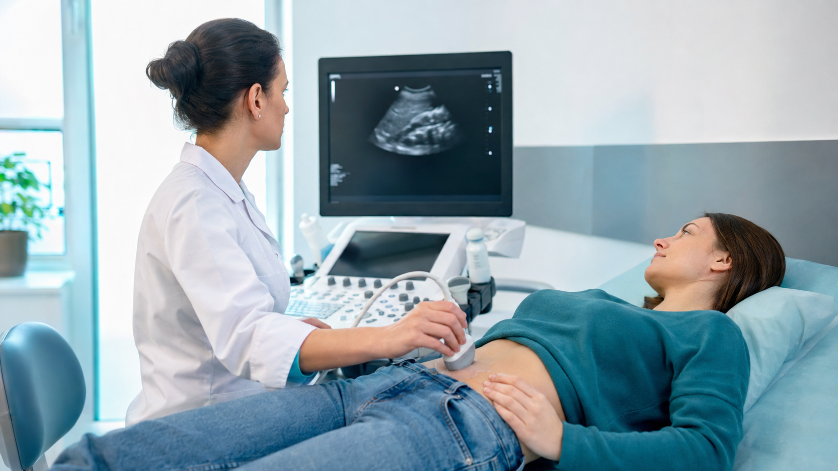 Medic care examinează ecografic un pacient într-un cabinet medical.